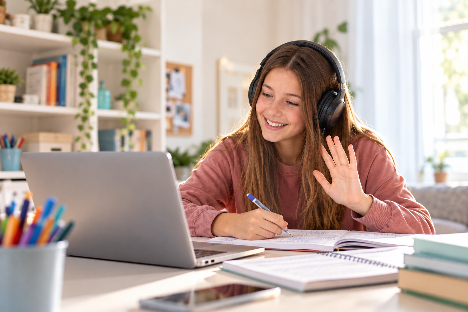 Estudiante sonriente en clase online