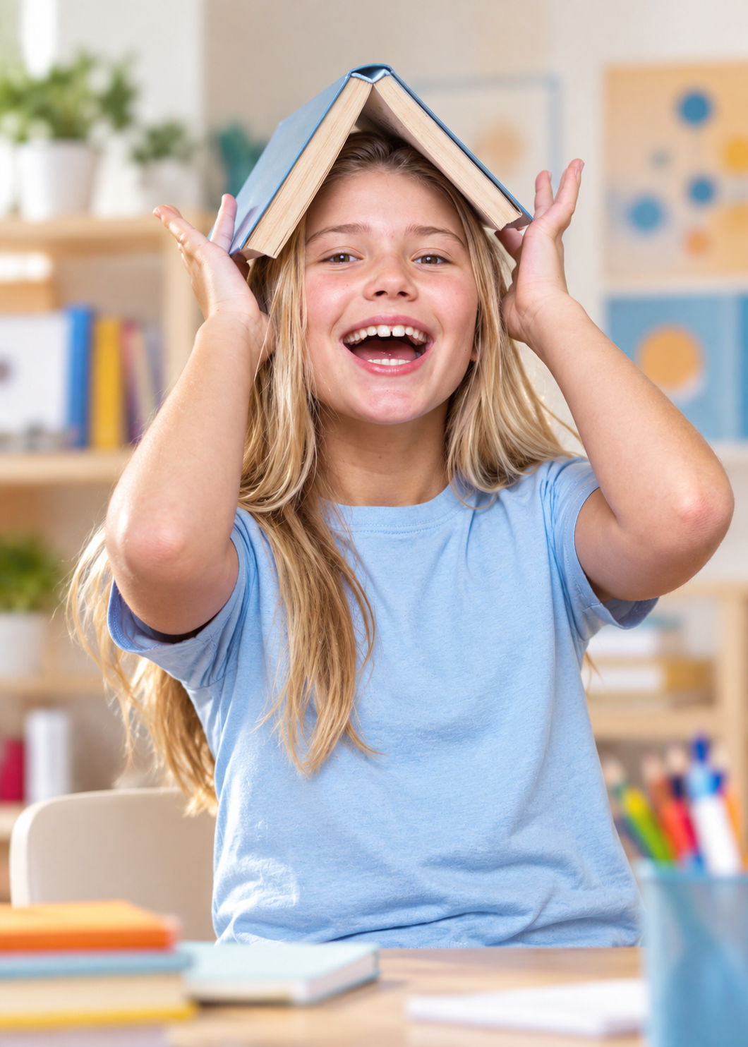 Pequeña lectora bajo su libro techo